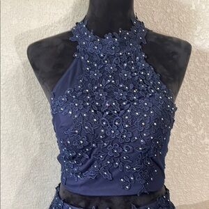 Say Yes To The Prom Navy Blue Lace Halter Dress
